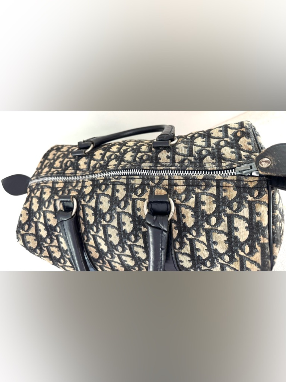 DIOR Vintage Trotter Boston Bag 30cm Navy Jacquard Canvas Navy Leather - Picture 7 of 12